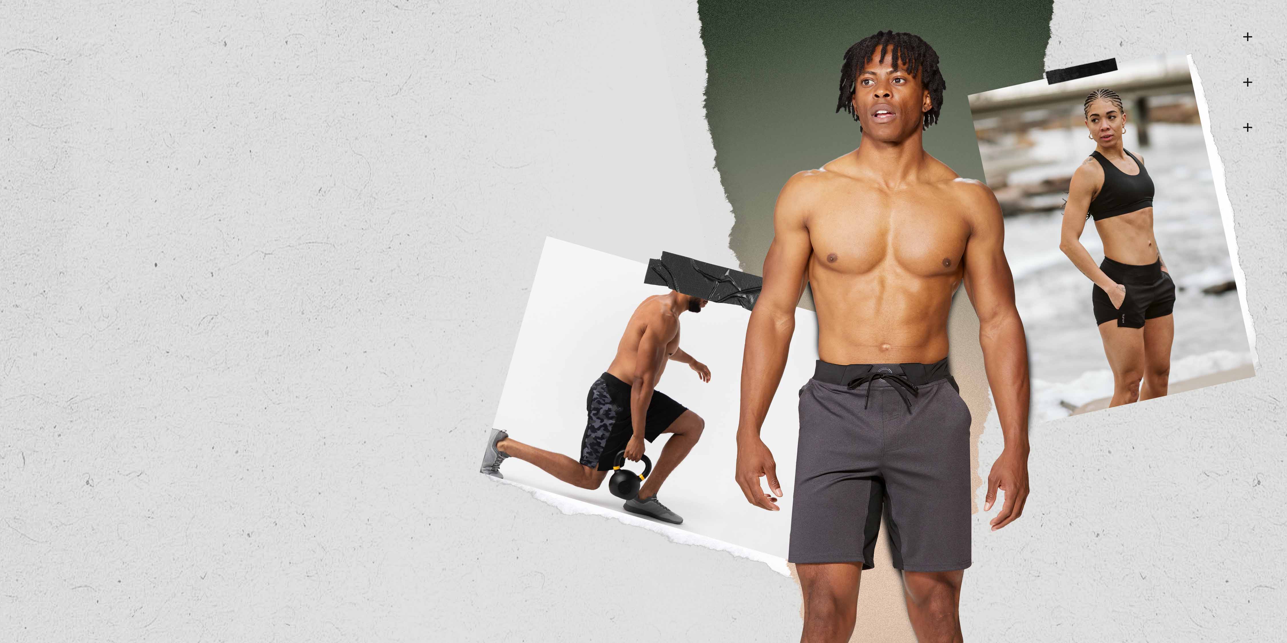 Collage for Hylete athletic apparel featuring three models in fitness clothing. In the center, a shirtless African American man stands in dark gray athletic shorts. To the left, another African American man in an action shot is performing a lunge with a kettlebell, wearing patterned black athletic shorts. To the right, an African American woman stands outdoors in black athletic shorts and a black sports bra.